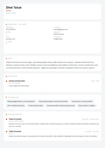 Eczacı CV Örnekleri cv indir